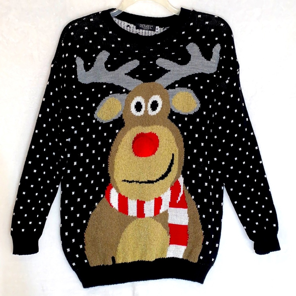 Remel London Reindeer Sweater with Red Nose and Black Polka Dot, Size XL